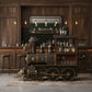 Vintage-style bar cart designed like a steam locomotive in a rustic bar setting.