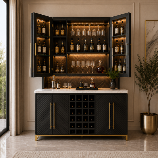 Modern Black Bar Cabinet with Marble Top and Glass Holders