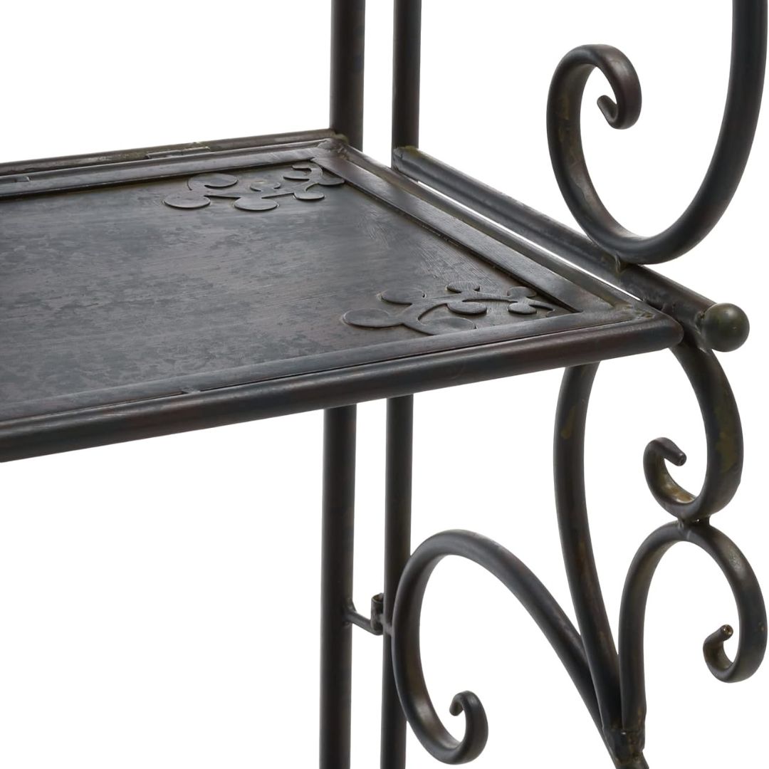 Vintage Black Metal 4-Tier Scrollwork Baker’s Rack, HANSART, Add timeless charm and versatile storage to your home or garden with this Vintage Black Metal 4-Tier Scrollwork Baker’s Rack. Crafted from durable wrought iron with a classic black finish, this freestanding shelving unit showcases intricate scrollwork and a heart-shaped accent that brings an elegant touch to any space. With four spacious shelves, it’s perfect for displaying plants, decorative accents, kitchenware, or garden tools. Its open design 