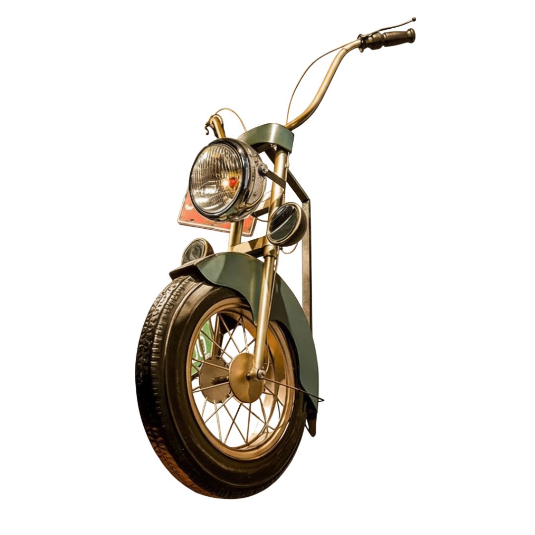 HANSART, Bring a bold and nostalgic touch to your space with this Vintage Motorcycle Front Wall Decor. Designed to replicate the front of a classic motorcycle, this unique wall art piece features realistic details including a metal handlebar, headlight, and tire. The industrial retro finish and authentic styling make it a perfect statement piece for garages, cafes, man caves, or any space in need of a rugged, adventurous vibe.