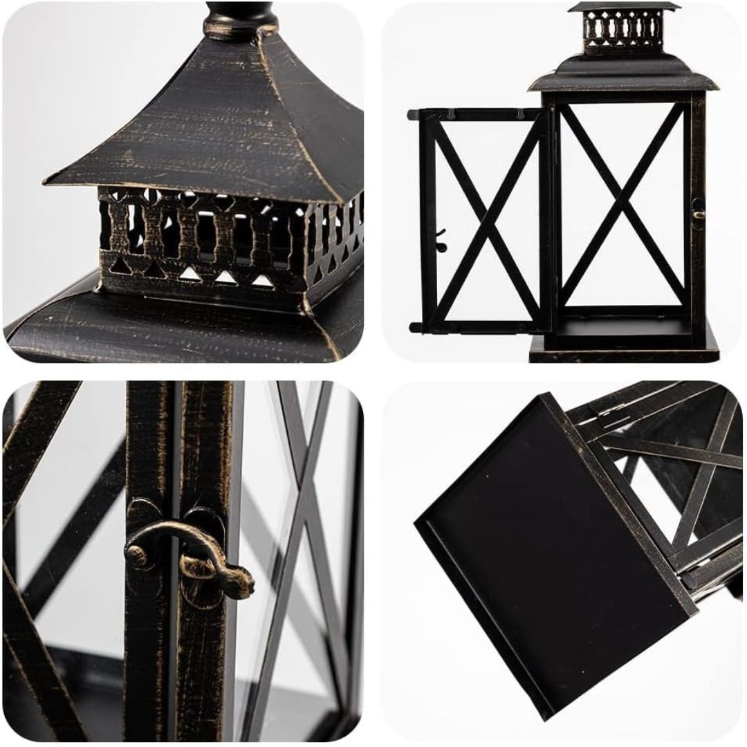 Vintage Black Candle Lantern Holder for Indoor Outdoor Decoration-Hansart-Hansart, Add a touch of vintage charm and warm ambiance to your space with this Rustic Black Metal Candle Lantern. Crafted from durable metal with clear glass panels, this lantern features an elegant cross-frame design and distressed finish, making it a perfect addition to both indoor and outdoor decor. Place a real or flameless LED candle inside to create a cozy glow on your patio, living room, garden, or during special events like w