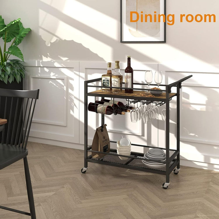 Bar cart in a dining room setting with bottles, glasses, and plates.