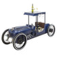 Vintage car-shaped bar cart with bottles and glasses on a white background