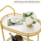 Gold serving cart with marble surface, flowers, and a bottle of wine.