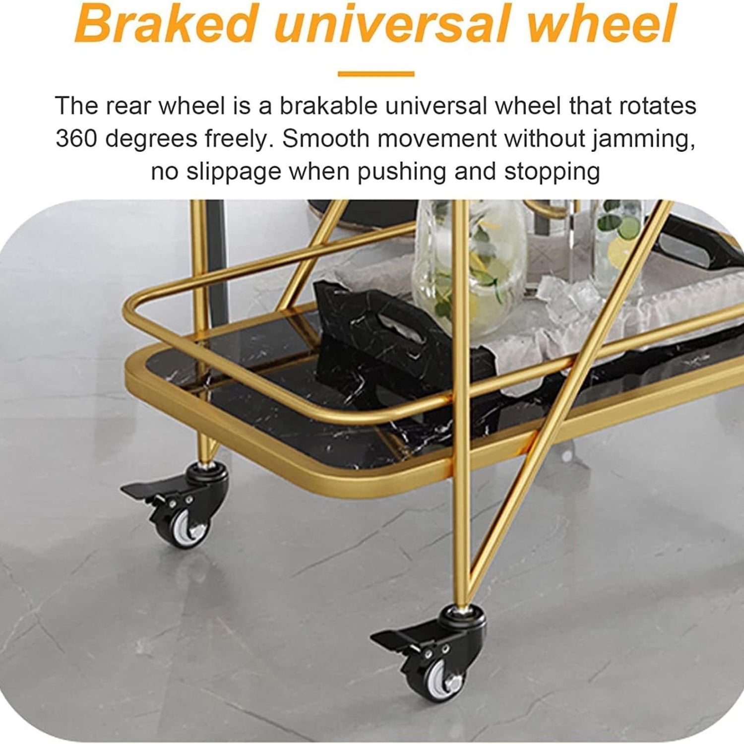 Braked universal wheel on a gold bar cart with text describing its features.