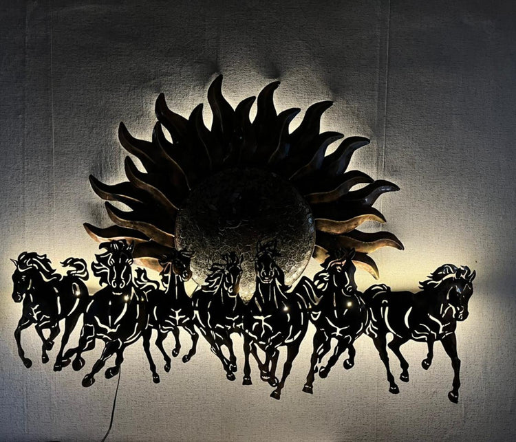 Hansart Special 7 Horses with Sun Metal Wall Art (55 x 34 Inches)-Home Decoration-Hansart-Metal Wall Decor by Hansart Horses wall decor with led lighting Made of Premium-Quality Iron Metal Perfect for your living room, bedroom, hall, office reception, guest room, and hotel reception The product is packed by professionals for safe delivery Designed to make your home look complete "Hansart Made In India because India itself is an art".