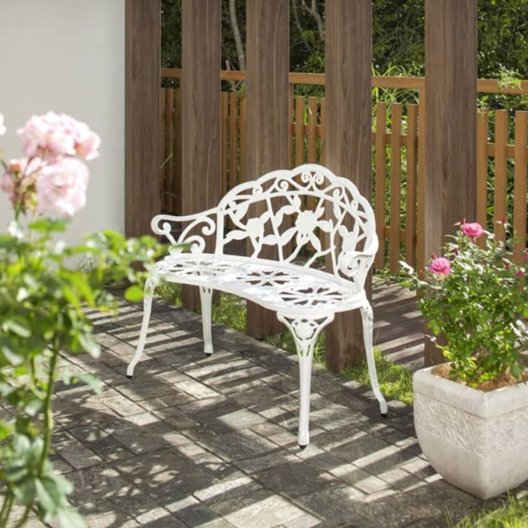 Elegant White Cast Iron Garden Bench with Floral Backrest Design, HANSART, Enhance the charm of your garden or patio with this Elegant Cast Iron Garden Bench. Featuring a beautifully detailed floral backrest, this bench combines classic design with sturdy construction, making it the perfect addition to any outdoor space. Its gracefully curved armrests and legs offer both comfort and timeless elegance, inviting you to relax and enjoy nature. Ideal for gardens, patios, porches, or balconies, this bench serves