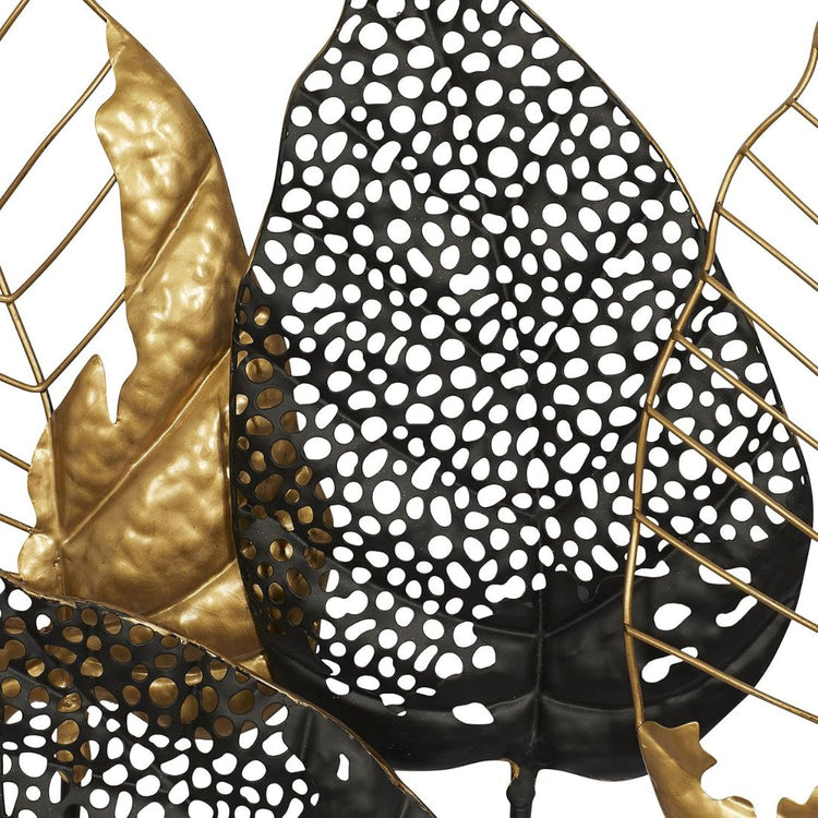 Add a touch of luxury and serenity to your space with this stunning black and gold double frame metal wall art, featuring intricate leaf accents. The sleek black frame is beautifully complemented by golden leaves, creating a striking contrast that adds depth and visual interest. Perfect for bringing a sense of sophistication and calm to any room. Details: - Size: 37 x 25 inches (94 x 63 cm) - Material: Metal