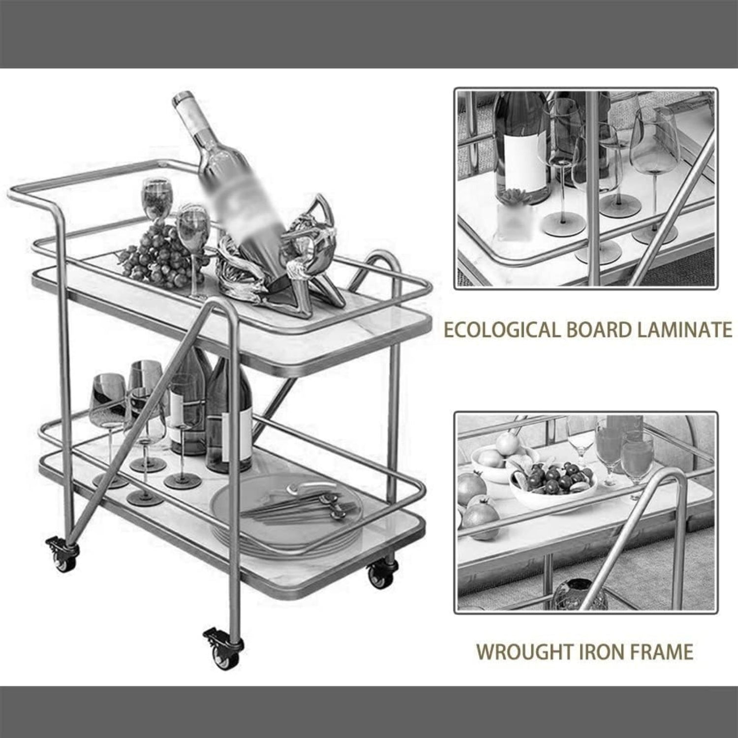 Modern Black Bar Cart with 2-Tier White Top