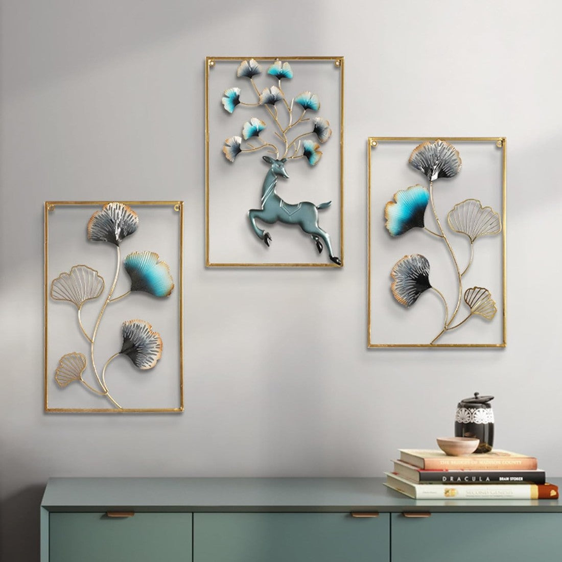 Deer Nature Frame Metal Wall Art, Set of 3 for living room (15.7 x 23. – Hansart