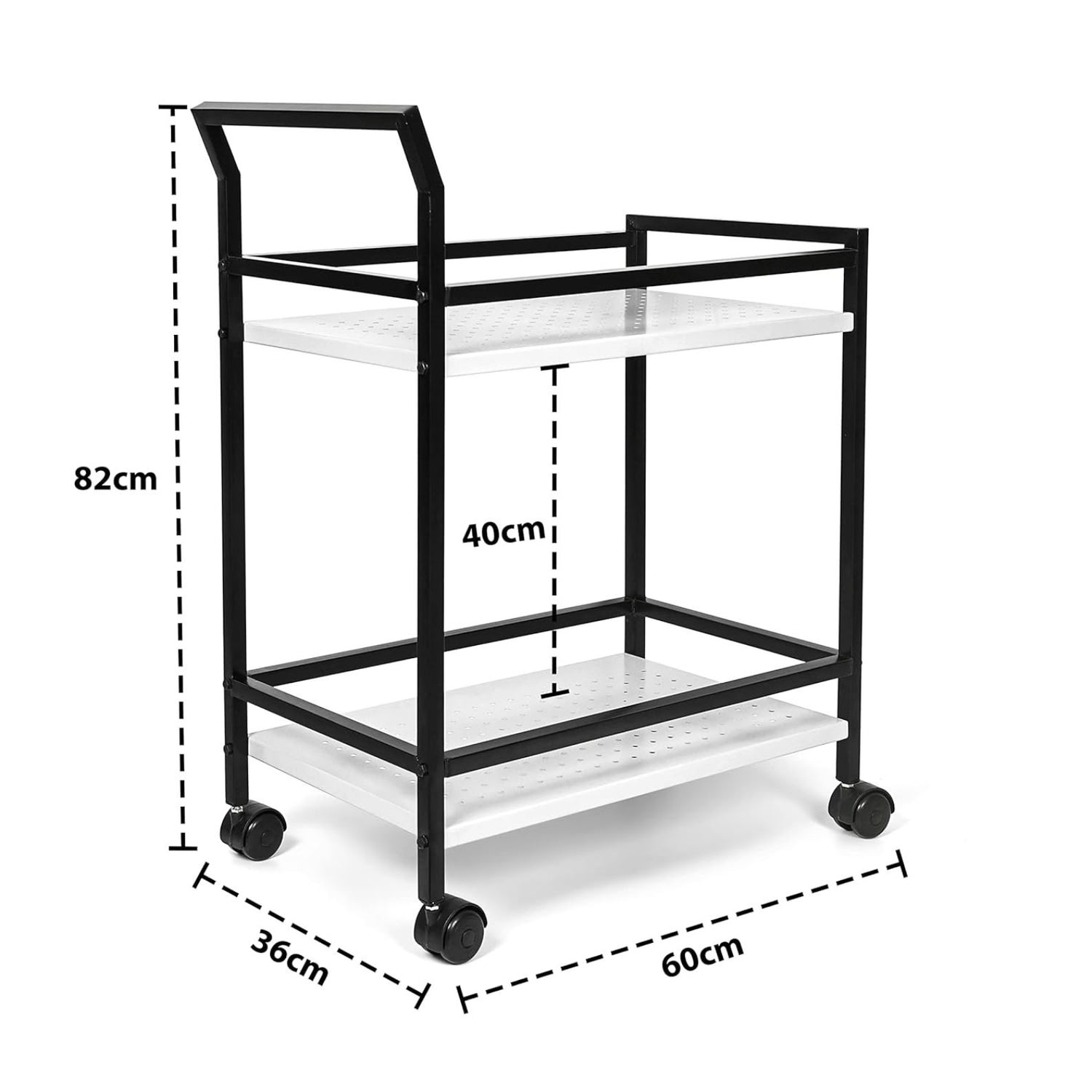 Black metal serving cart with measurements on a white background