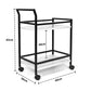Black metal serving cart with measurements on a white background