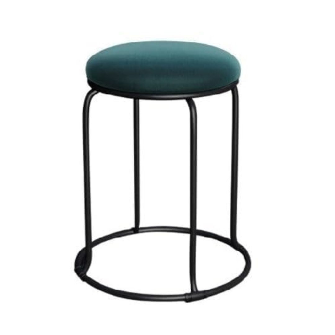 Bar stool with green cushioned seat and black metal frame on a white background