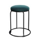 Bar stool with green cushioned seat and black metal frame on a white background