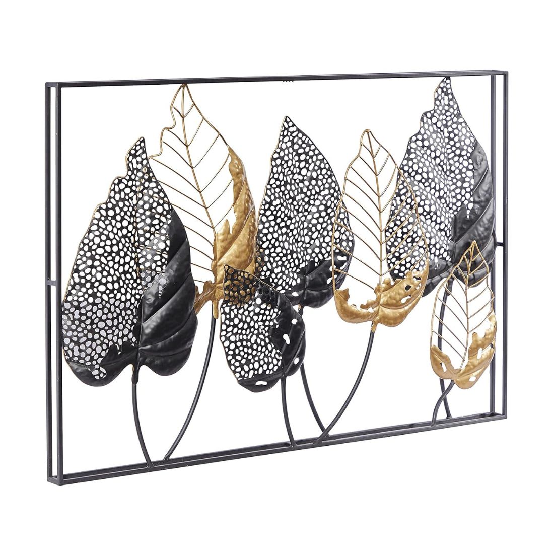 Add a touch of luxury and serenity to your space with this stunning black and gold double frame metal wall art, featuring intricate leaf accents. The sleek black frame is beautifully complemented by golden leaves, creating a striking contrast that adds depth and visual interest. Perfect for bringing a sense of sophistication and calm to any room. Details: - Size: 37 x 25 inches (94 x 63 cm) - Material: Metal