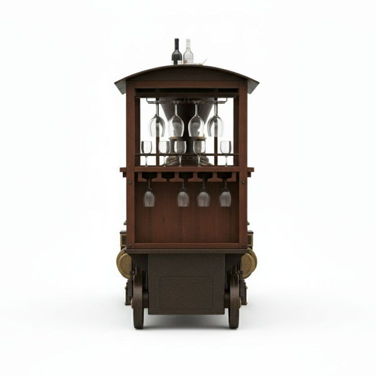 Wooden bar cart with wine glass holders and bottle stoppers on a white background
