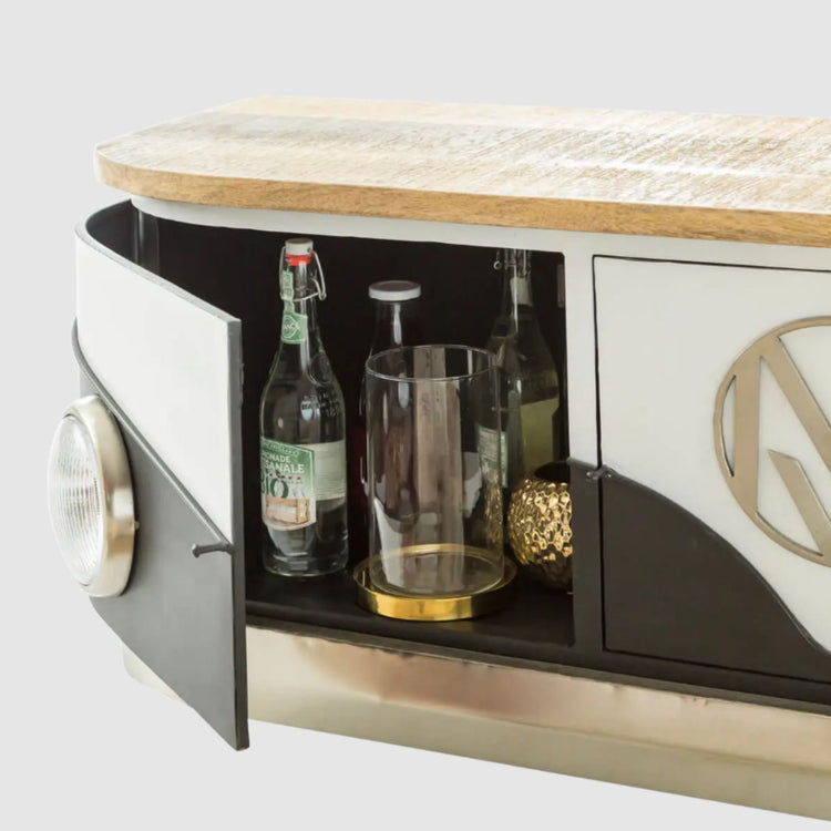 Modern sideboard with open cabinet displaying bottles and glasses on a light gray background