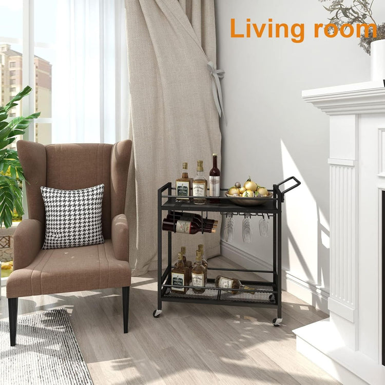 Living room with a brown armchair, decorative pillows, and a bar cart with drinks.
