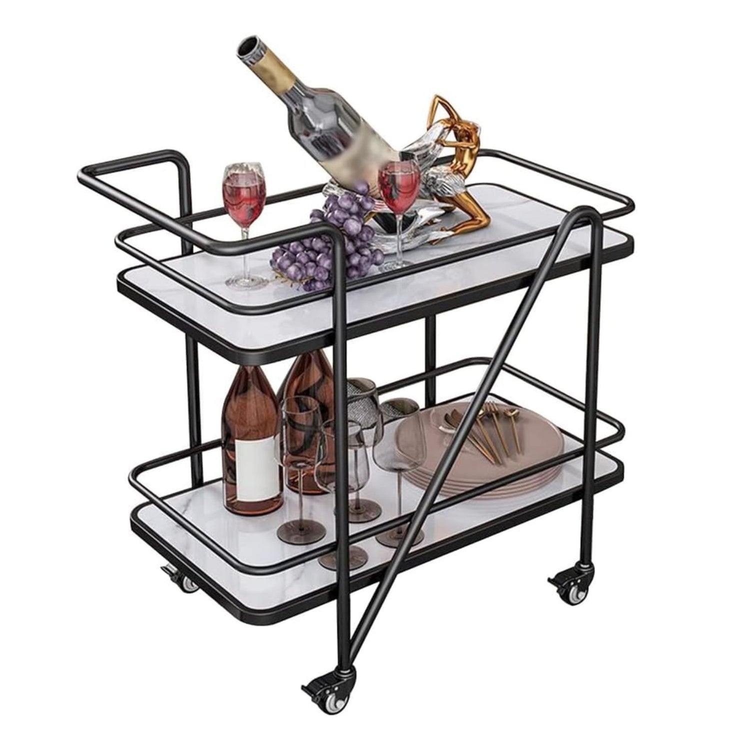 Modern Black Bar Cart with 2-Tier White Top