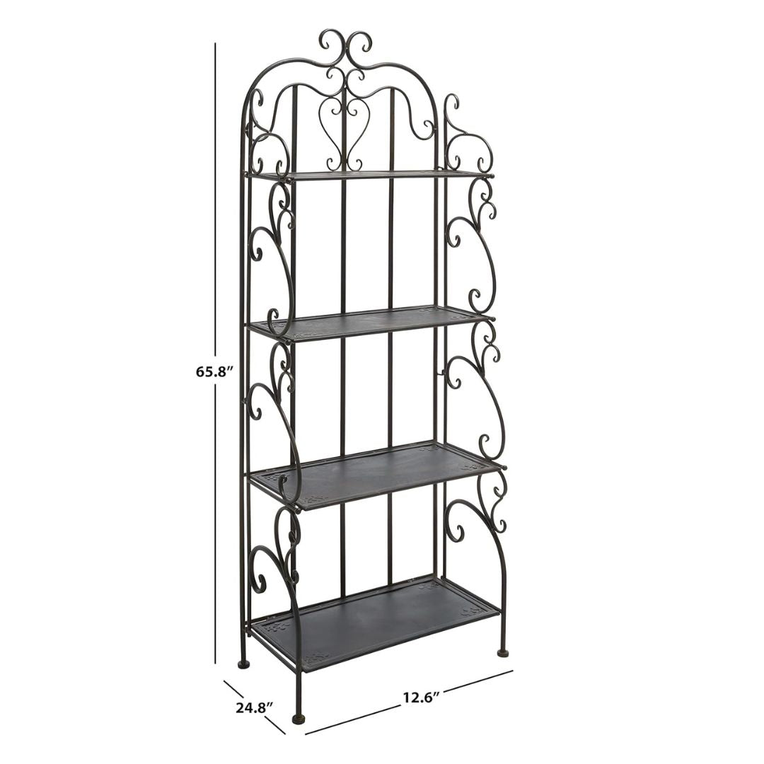 Vintage Black Metal 4-Tier Scrollwork Baker’s Rack, HANSART, Add timeless charm and versatile storage to your home or garden with this Vintage Black Metal 4-Tier Scrollwork Baker’s Rack. Crafted from durable wrought iron with a classic black finish, this freestanding shelving unit showcases intricate scrollwork and a heart-shaped accent that brings an elegant touch to any space. With four spacious shelves, it’s perfect for displaying plants, decorative accents, kitchenware, or garden tools. Its open design 