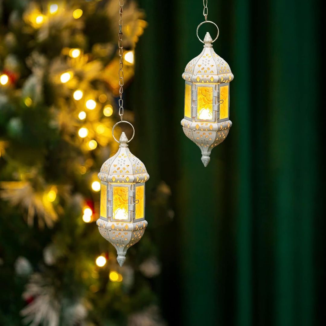 Vintage Hanging Moroccan Lanterns - White Metal Candle Holders (Set of 2)-Hansart-Hansart, Enhance your home decor with these elegant Vintage Hanging Moroccan Lanterns. Featuring an intricately carved white metal frame and embossed glass panels, these lanterns bring a touch of exotic charm and ambient lighting to any space. Perfect for holding tea light or LED candles, they are ideal for hanging indoors or outdoors, creating a warm and inviting atmosphere for weddings, parties, or everyday decor. Exquisite 
