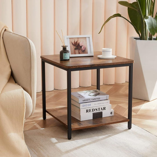 Rustic Wood Top and Black Metal Frame, End Table for Living Room or Bedroom-Hansart, Tables, Bring industrial charm and functional design to your home with this Industrial Square Side Table with Storage Shelf. Crafted with a rustic wood finish and a sturdy black metal frame, this versatile end table combines durability with a modern farmhouse aesthetic. The spacious tabletop provides the perfect spot for a lamp, books, or your favorite décor pieces, while the lower shelf adds additional storage for magazine