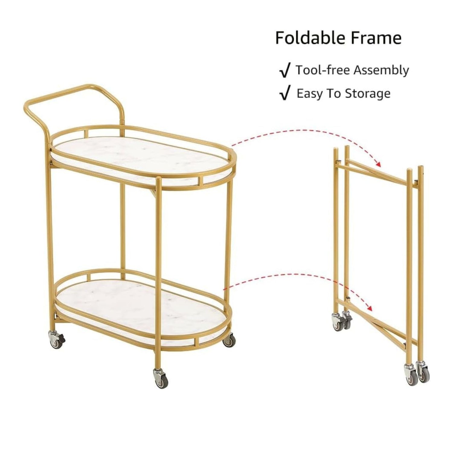 Gold bar cart with a white marble top, showing tool-free assembly and easy storage features.