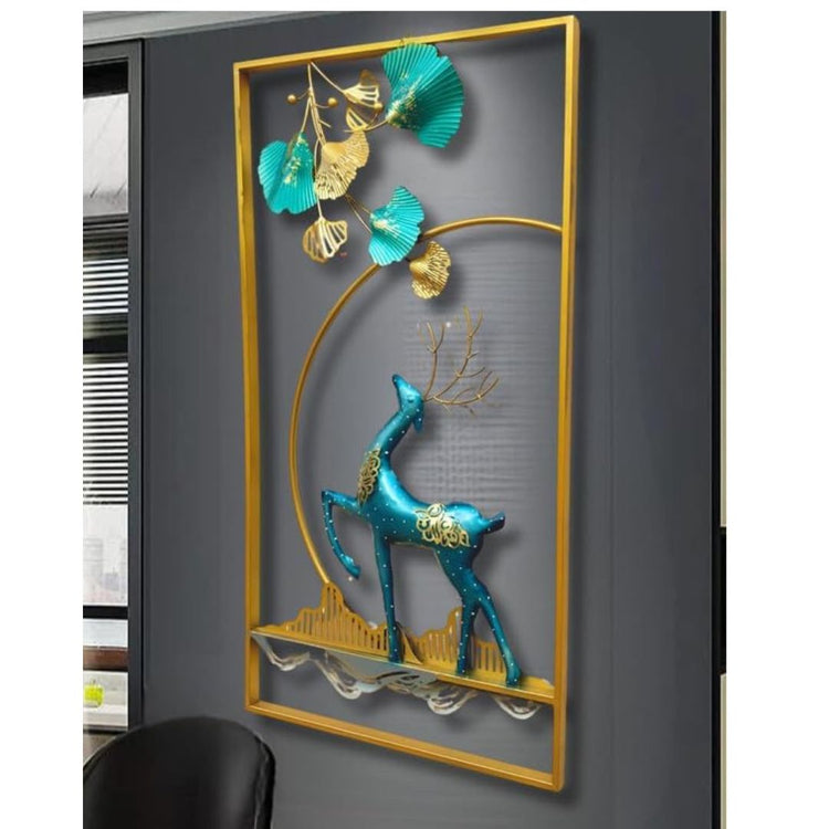 Decorative wall art with a blue deer and colorful leaves in a modern interior setting