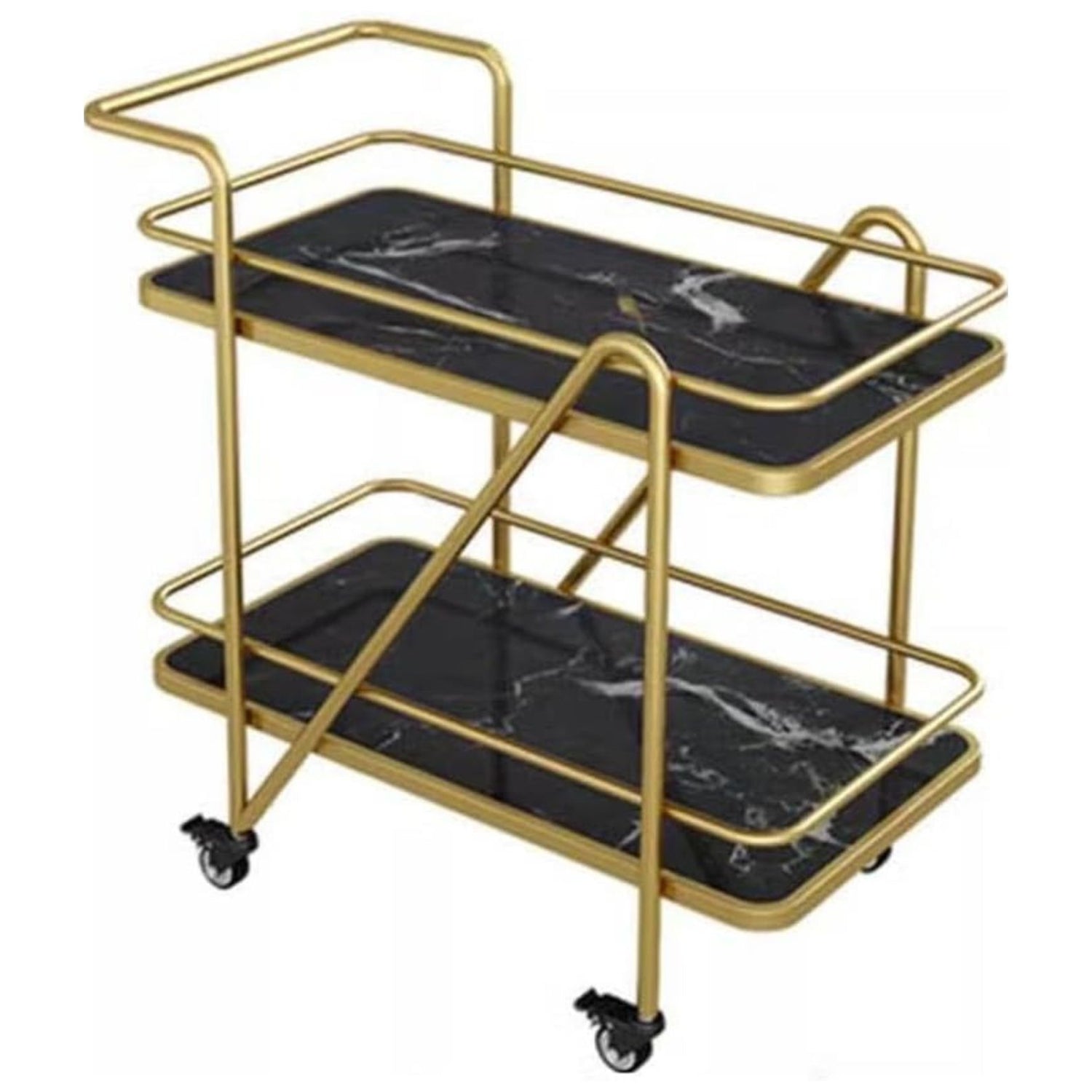 Gold-framed serving cart with black marble-patterned shelves on a white background