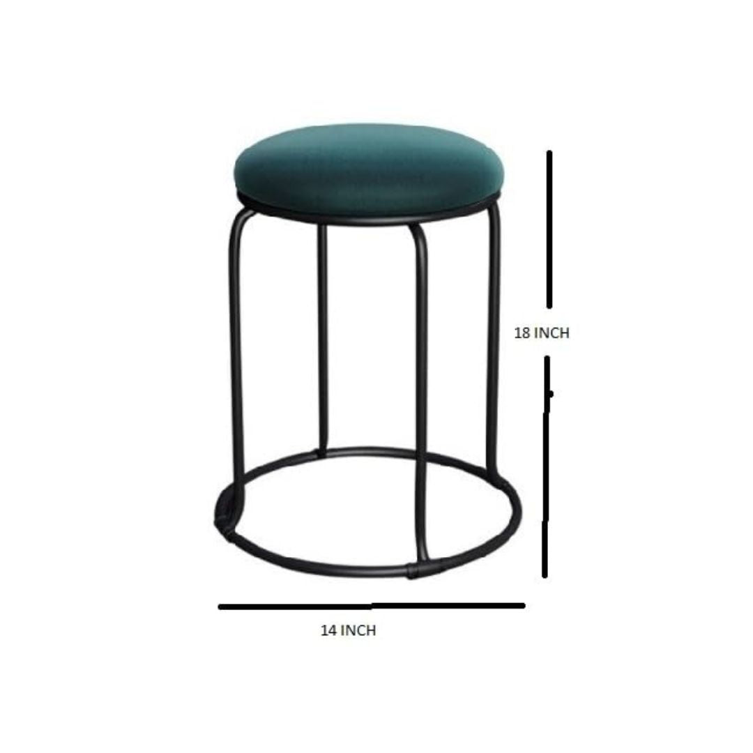 Teal bar stool with black metal frame and dimensions on a white background