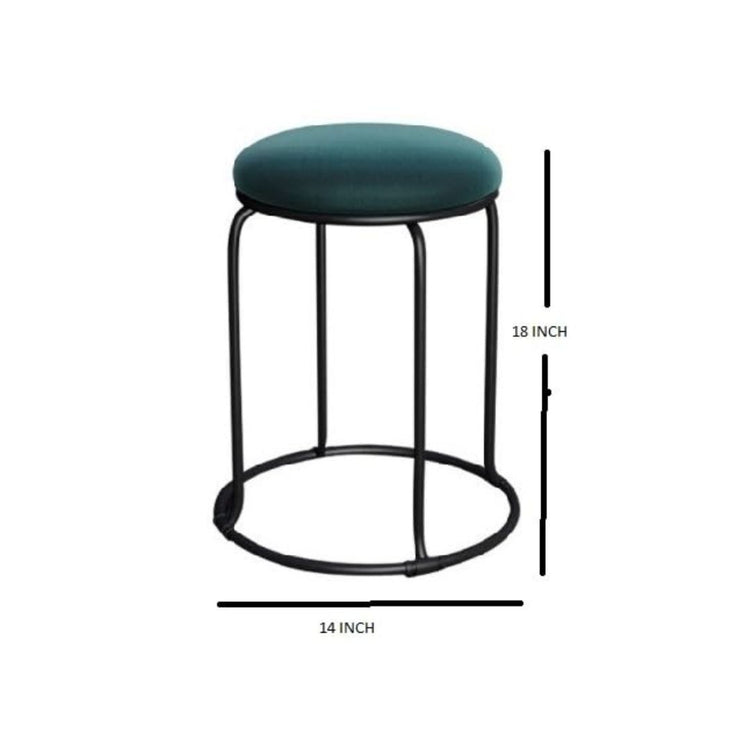 Teal bar stool with black metal frame and dimensions on a white background