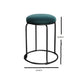 Teal bar stool with black metal frame and dimensions on a white background