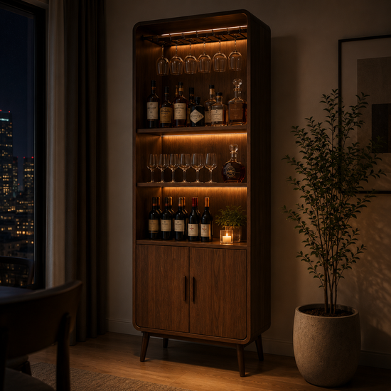 Tall Walnut Bar Cabinet with LED Shelves & Glass Holder