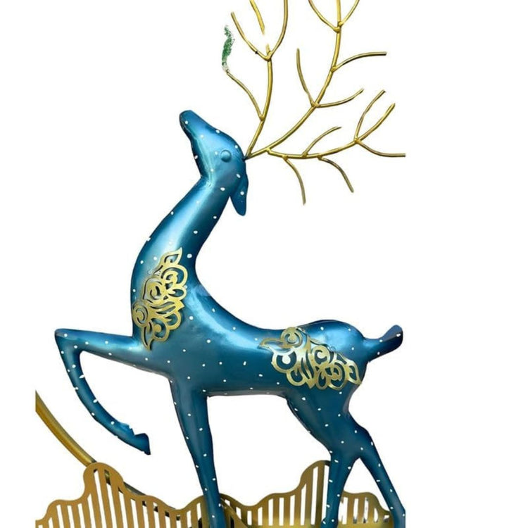 Decorative wall art with a blue deer and colorful leaves in a modern interior setting