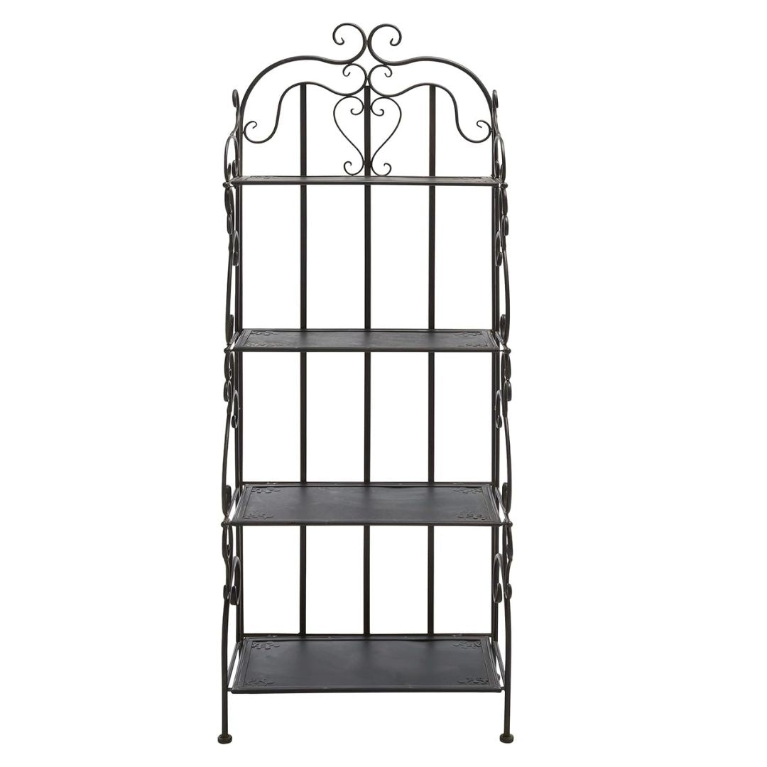 Vintage Black Metal 4-Tier Scrollwork Baker’s Rack, HANSART, Add timeless charm and versatile storage to your home or garden with this Vintage Black Metal 4-Tier Scrollwork Baker’s Rack. Crafted from durable wrought iron with a classic black finish, this freestanding shelving unit showcases intricate scrollwork and a heart-shaped accent that brings an elegant touch to any space. With four spacious shelves, it’s perfect for displaying plants, decorative accents, kitchenware, or garden tools. Its open design 