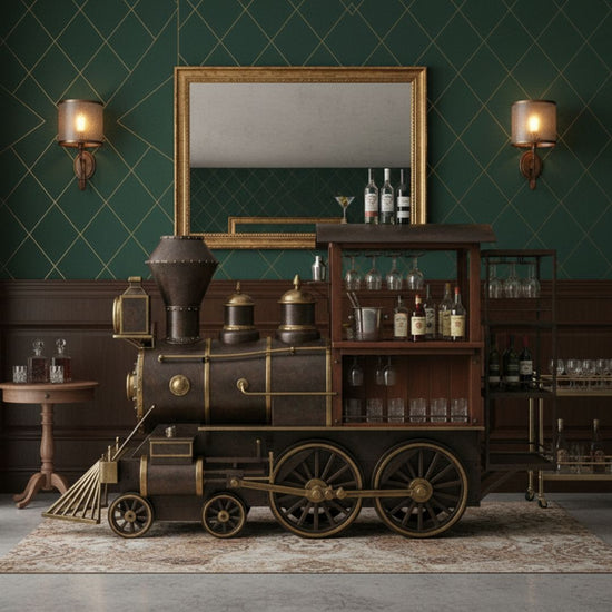 Vintage train-themed bar cart in a room with green walls and decorative lighting.