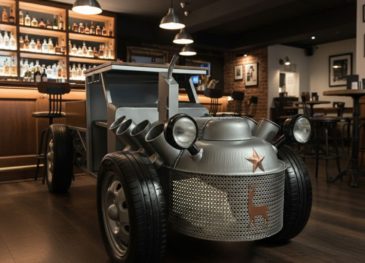 Metallic car model with star design in a bar setting