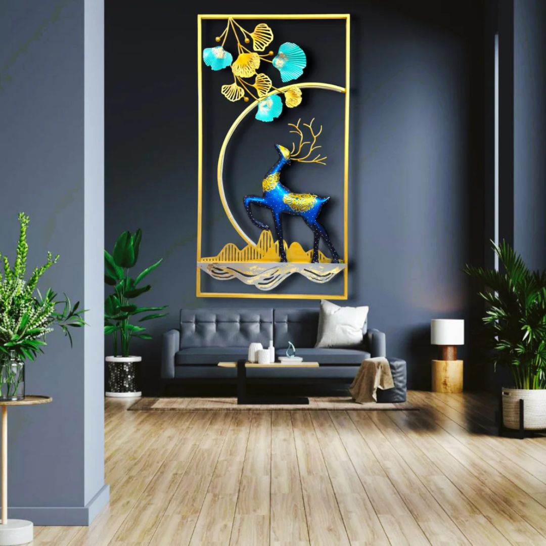 Decorative wall art with a blue deer and colorful leaves in a modern interior setting