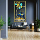 Decorative wall art with a blue deer and colorful leaves in a modern interior setting