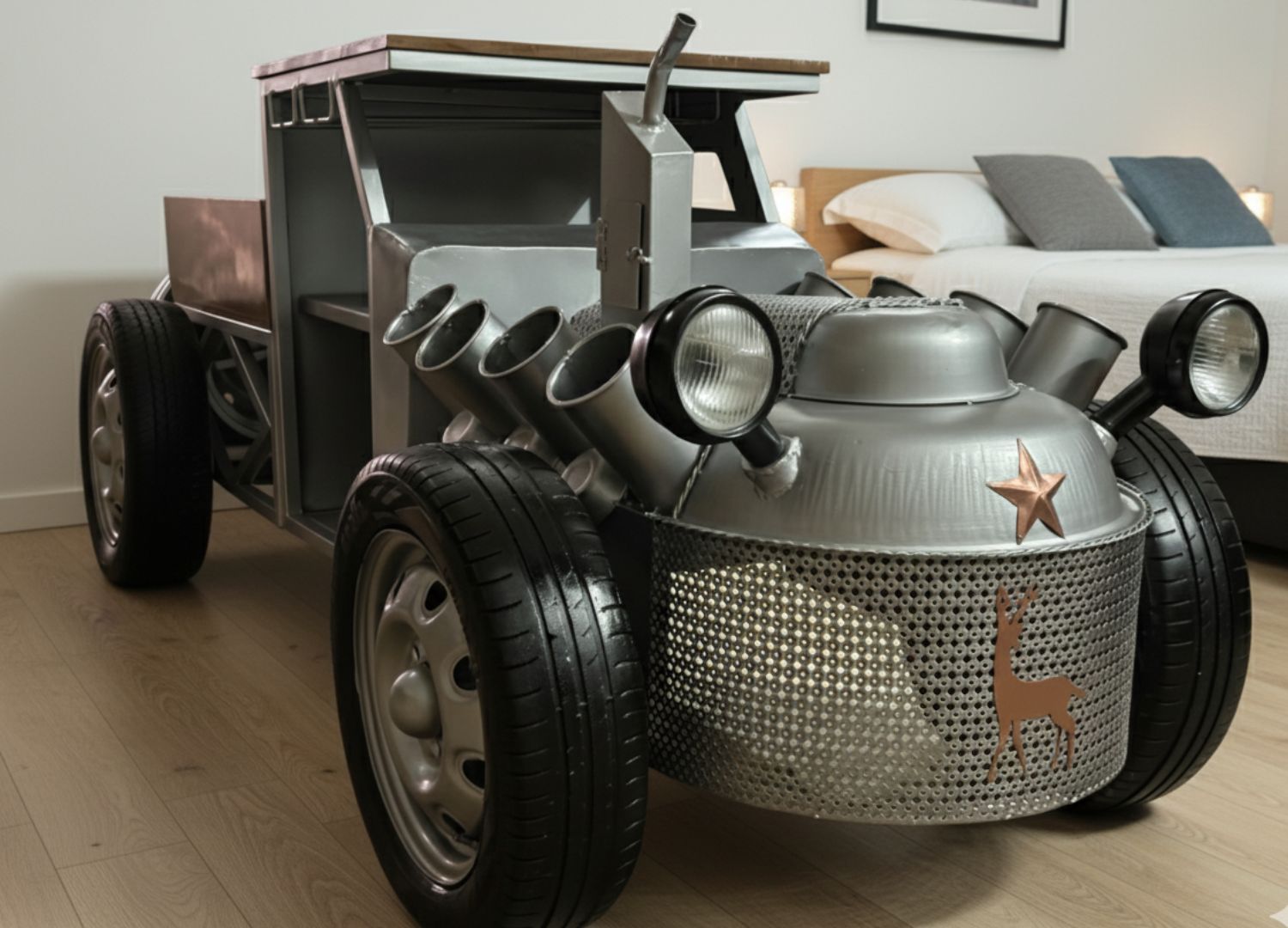 Metallic car-shaped with wheels on a wooden floor.