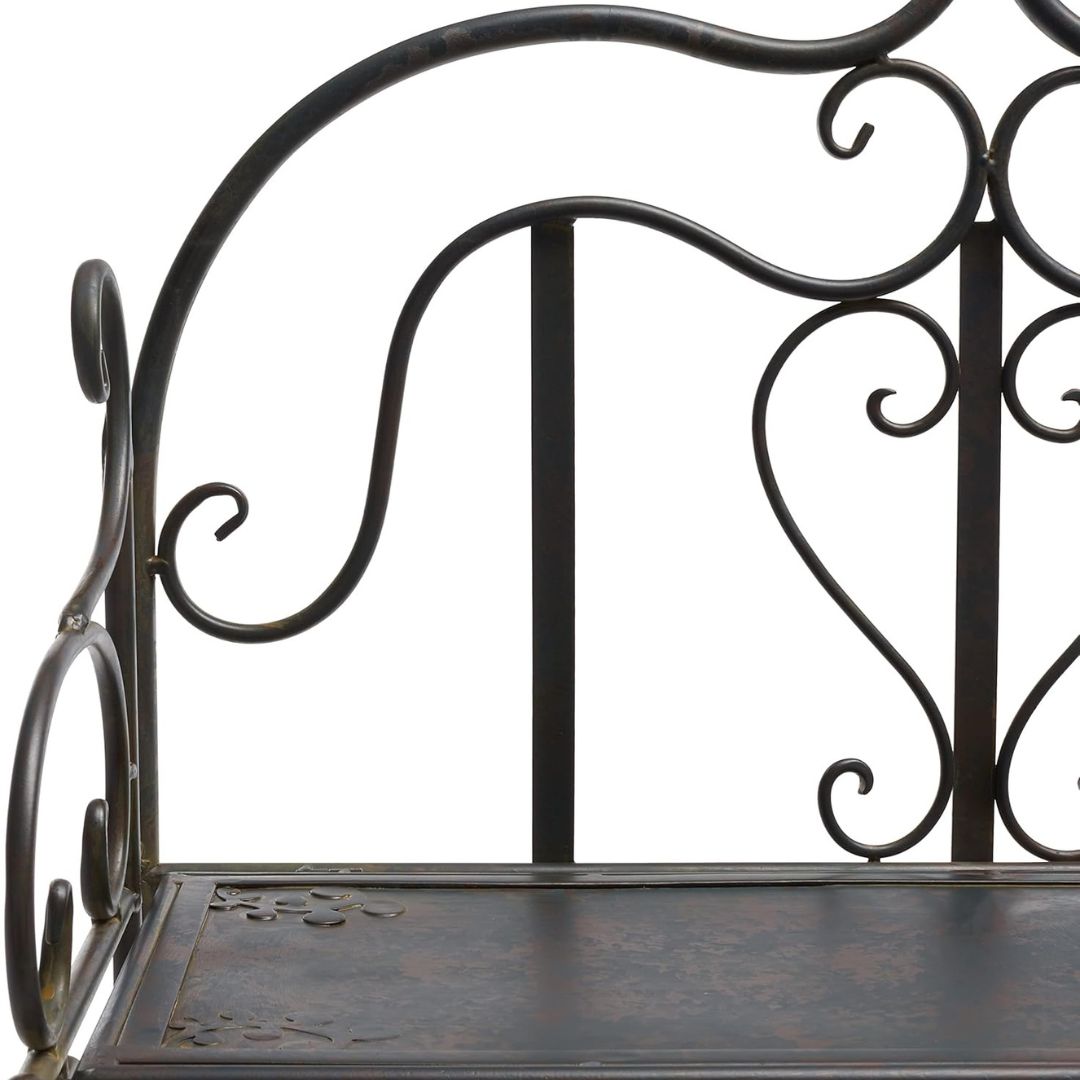 Vintage Black Metal 4-Tier Scrollwork Baker’s Rack, HANSART, Add timeless charm and versatile storage to your home or garden with this Vintage Black Metal 4-Tier Scrollwork Baker’s Rack. Crafted from durable wrought iron with a classic black finish, this freestanding shelving unit showcases intricate scrollwork and a heart-shaped accent that brings an elegant touch to any space. With four spacious shelves, it’s perfect for displaying plants, decorative accents, kitchenware, or garden tools. Its open design 