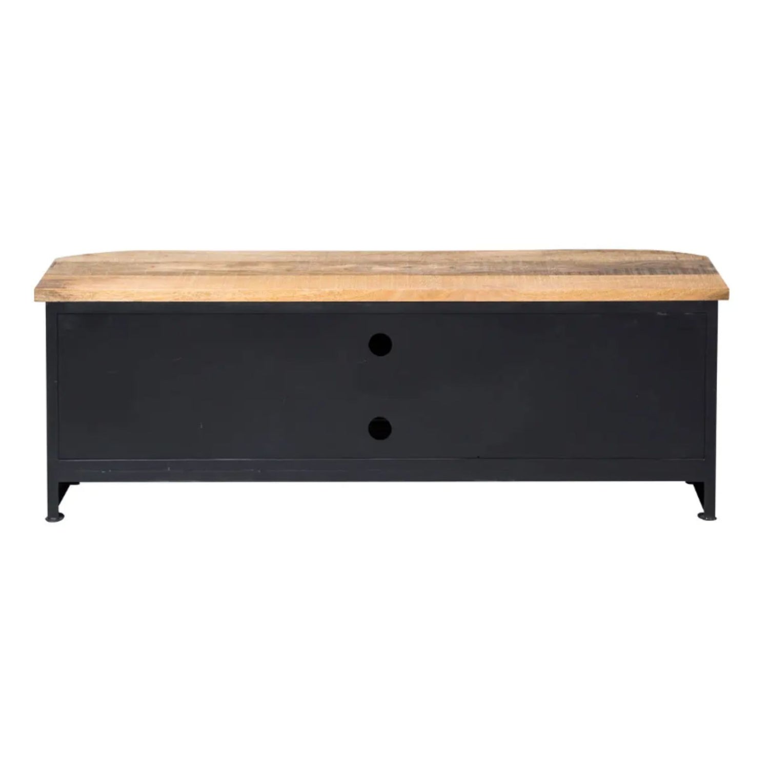 Black TV stand with wooden top on a white background