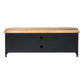 Black TV stand with wooden top on a white background