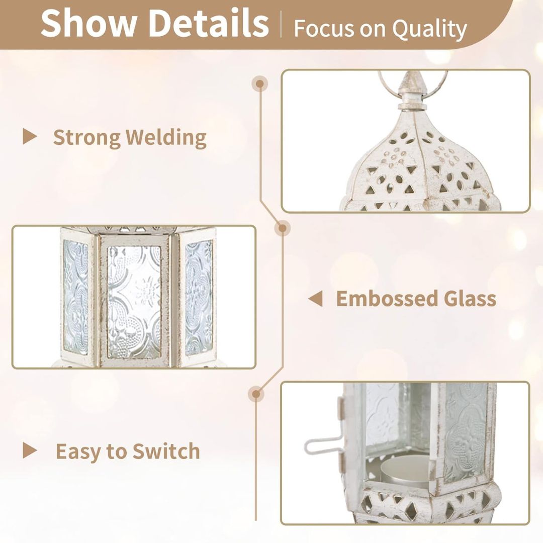 Vintage Hanging Moroccan Lanterns - White Metal Candle Holders (Set of 2)-Hansart-Hansart, Enhance your home decor with these elegant Vintage Hanging Moroccan Lanterns. Featuring an intricately carved white metal frame and embossed glass panels, these lanterns bring a touch of exotic charm and ambient lighting to any space. Perfect for holding tea light or LED candles, they are ideal for hanging indoors or outdoors, creating a warm and inviting atmosphere for weddings, parties, or everyday decor. Exquisite 