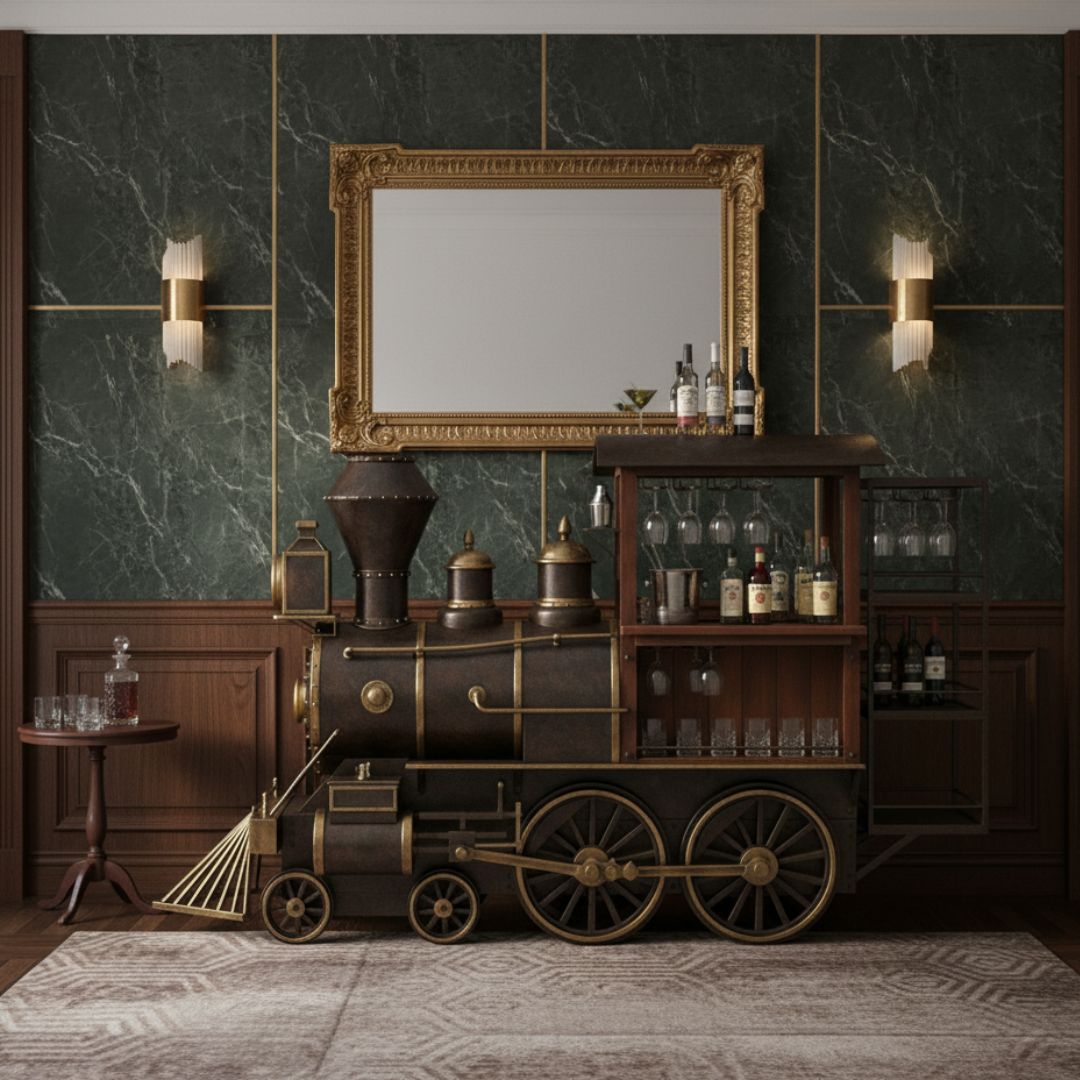 Vintage-style bar cart with steam locomotive design in a room with marble walls and a large mirror.