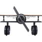 Industrial airplane-engine style bar cart with propeller decoration and dual shelves, featuring wooden tabletop, black metal frame, large rubberized wheels, hanging wine-glass rack and storage for bottles, set in a modern living-room environment