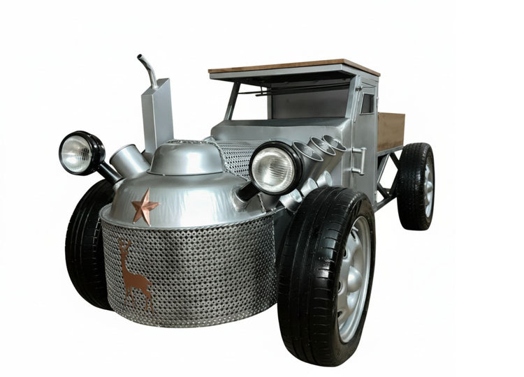 Metallic model car with a unique design on a white background