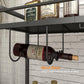 Wine rack holding bottles against a light brick wall