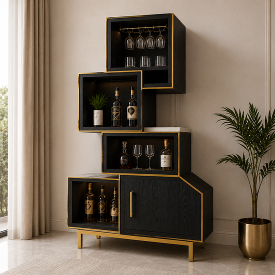 Black and gold bar cabinet with wine bottles and glasses in a stylish room.