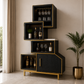 Modern Corner Liquor Cabinet with Glass Holder, Hidden Storage & Gold Frame